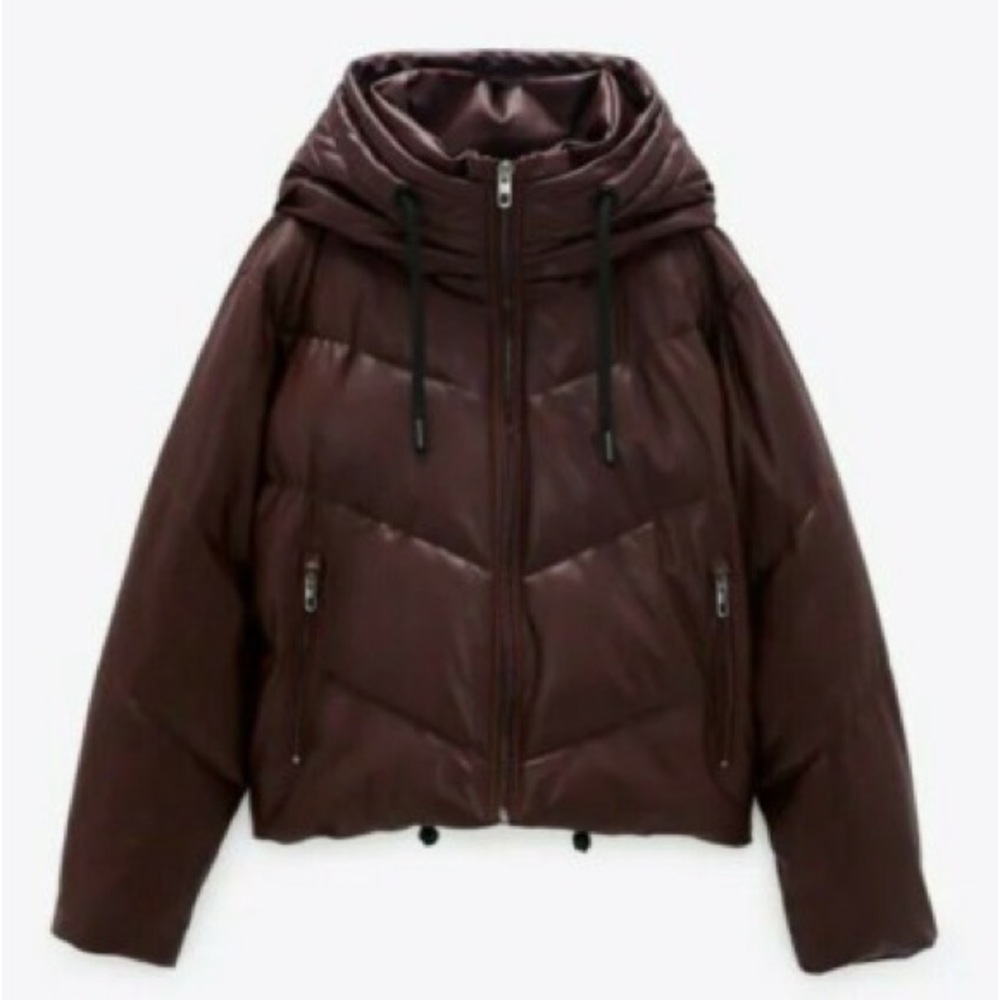 Zara Burgundy Faux Leather Hooded Puffer Jacket, Women's